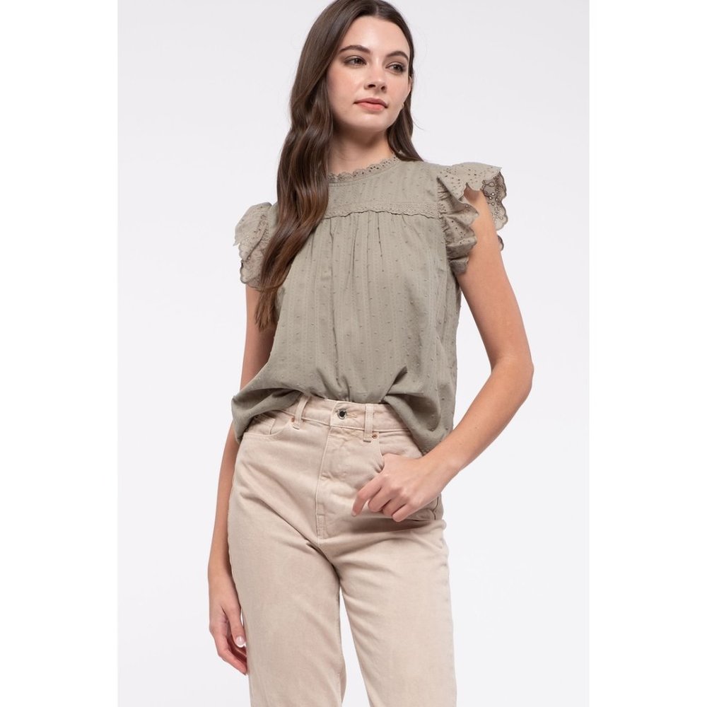 EYELET FLUTTER SLEEVE TOP